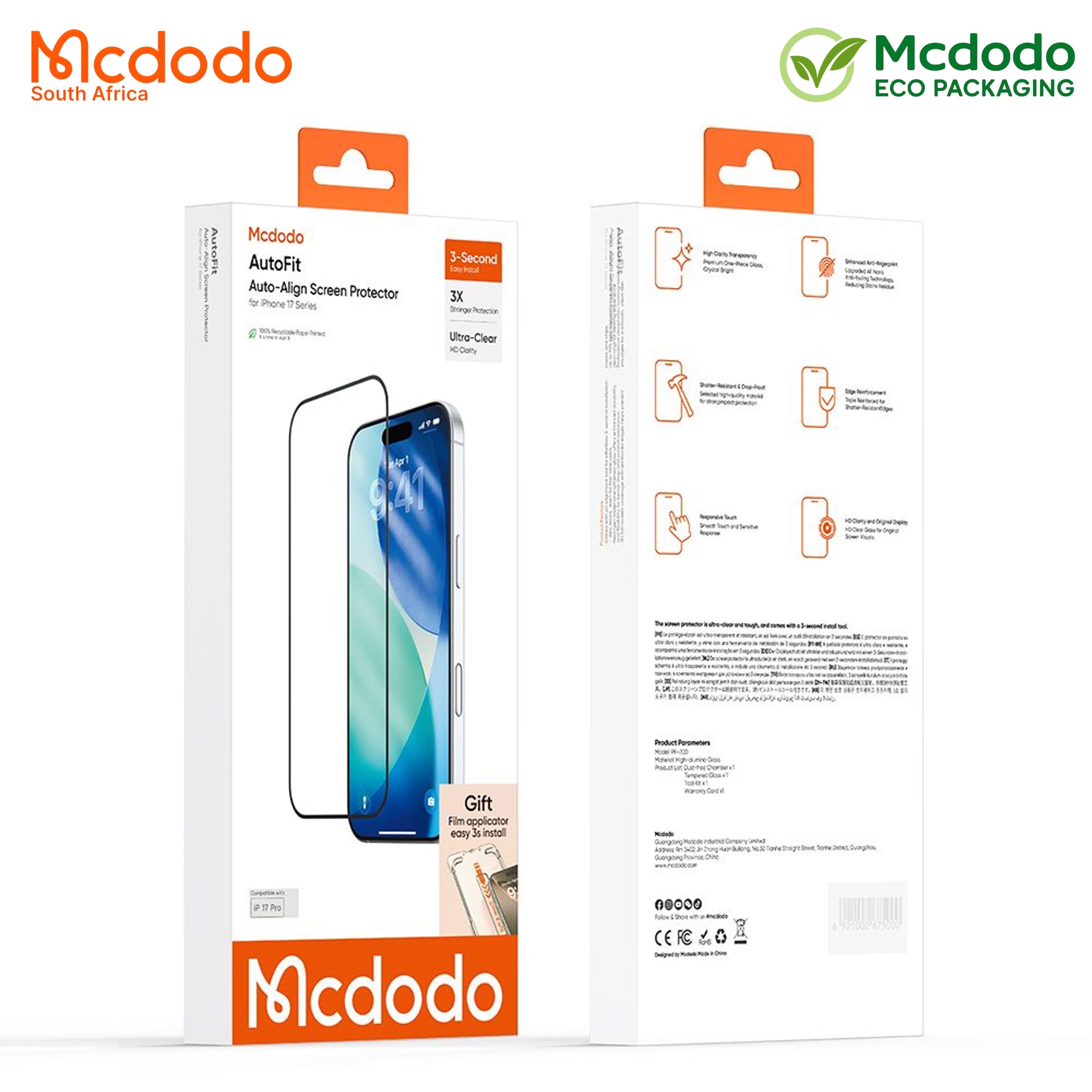 Mcdodo AutoFit Apple iPhone 17 Screen Protector 9H Glass with Easy Install Kit