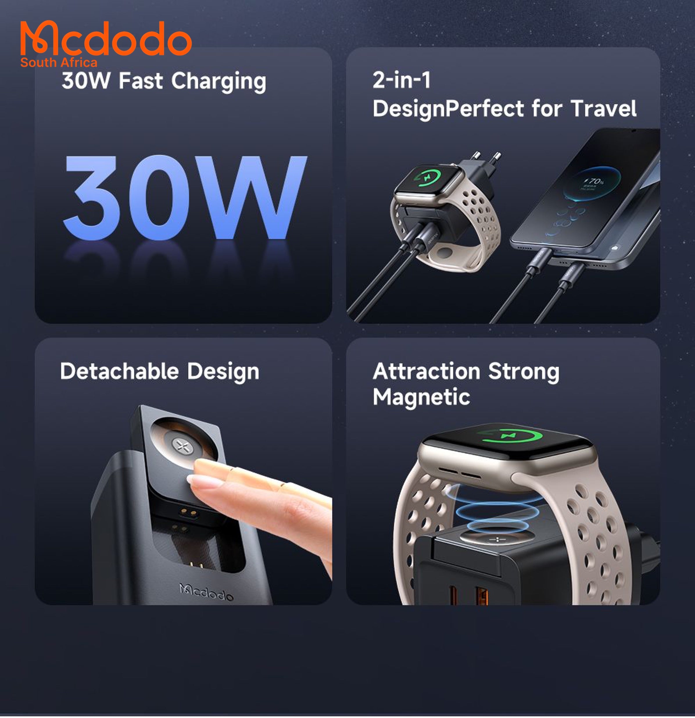 Mcdodo 30W 3-in-1 Apple iPhone Charger with Detachable Apple Watch Charger