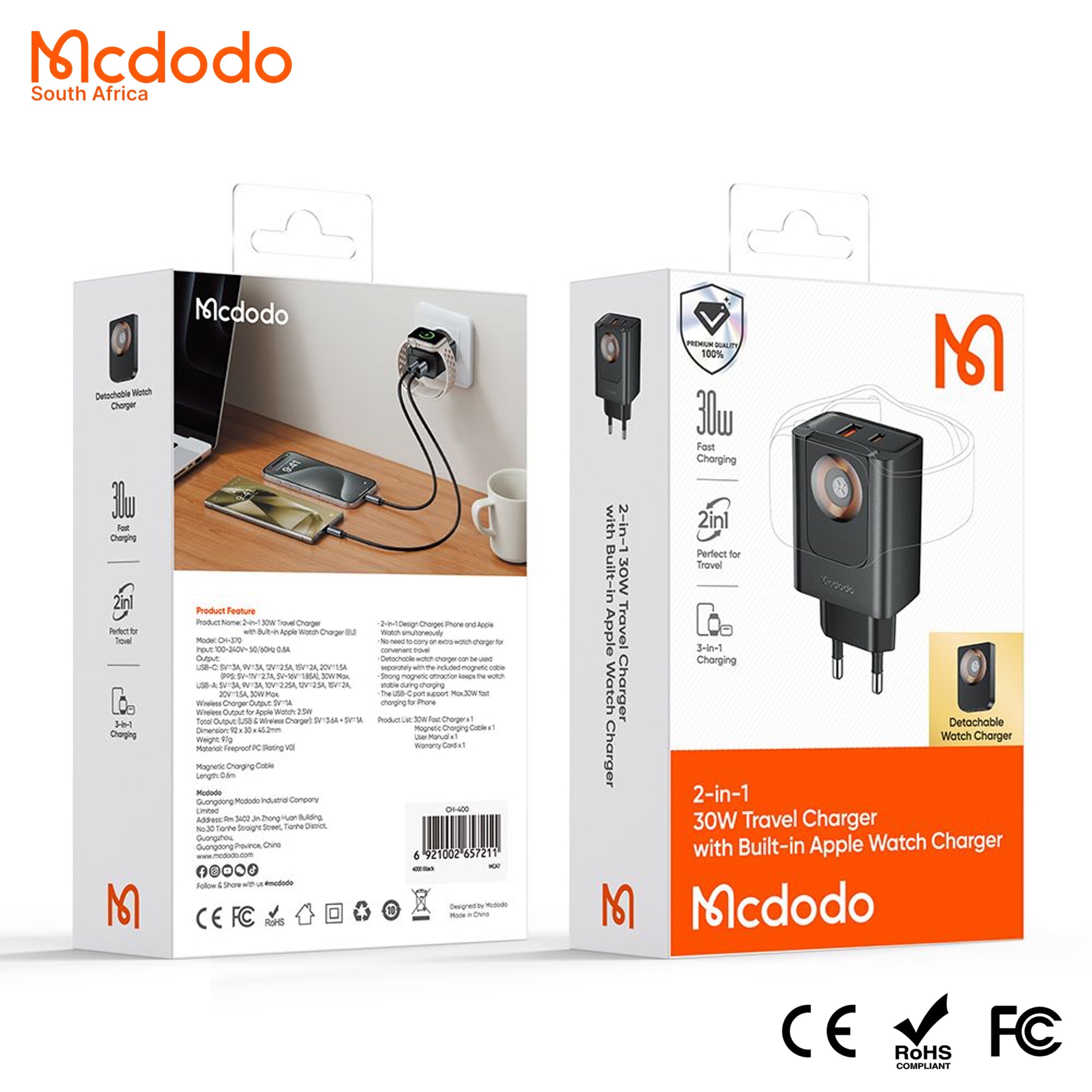 Mcdodo 30W 3-in-1 Apple iPhone Charger with Detachable Apple Watch Charger