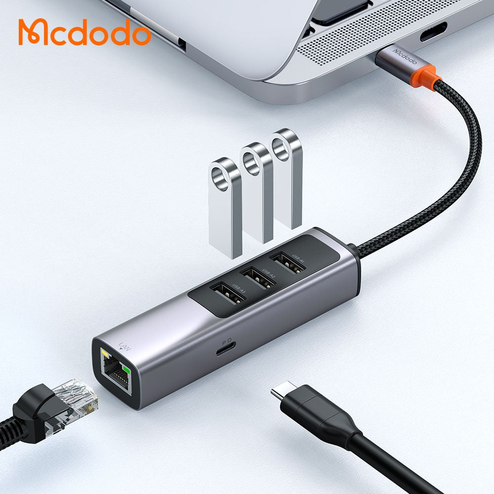 Mcdodo 5 in 1 USB-C to USB A 3.0 x 3 + Type C PD100W + LAN RJ45 Hub Dongle