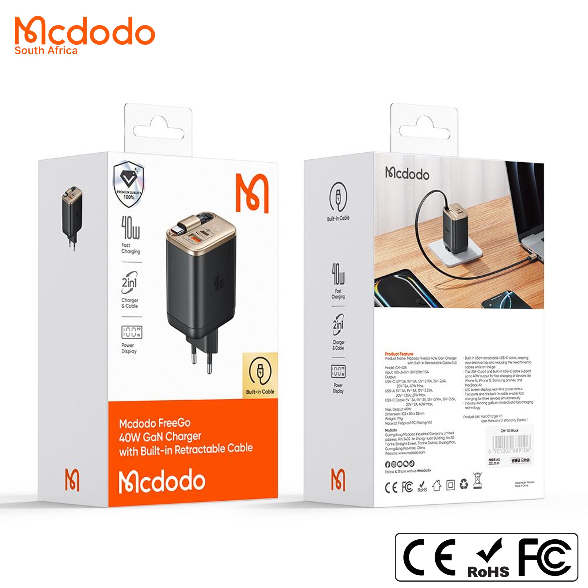 Mcdodo 40w GaN Fast Charger Retractable USB-C Cable Digital Watt Display