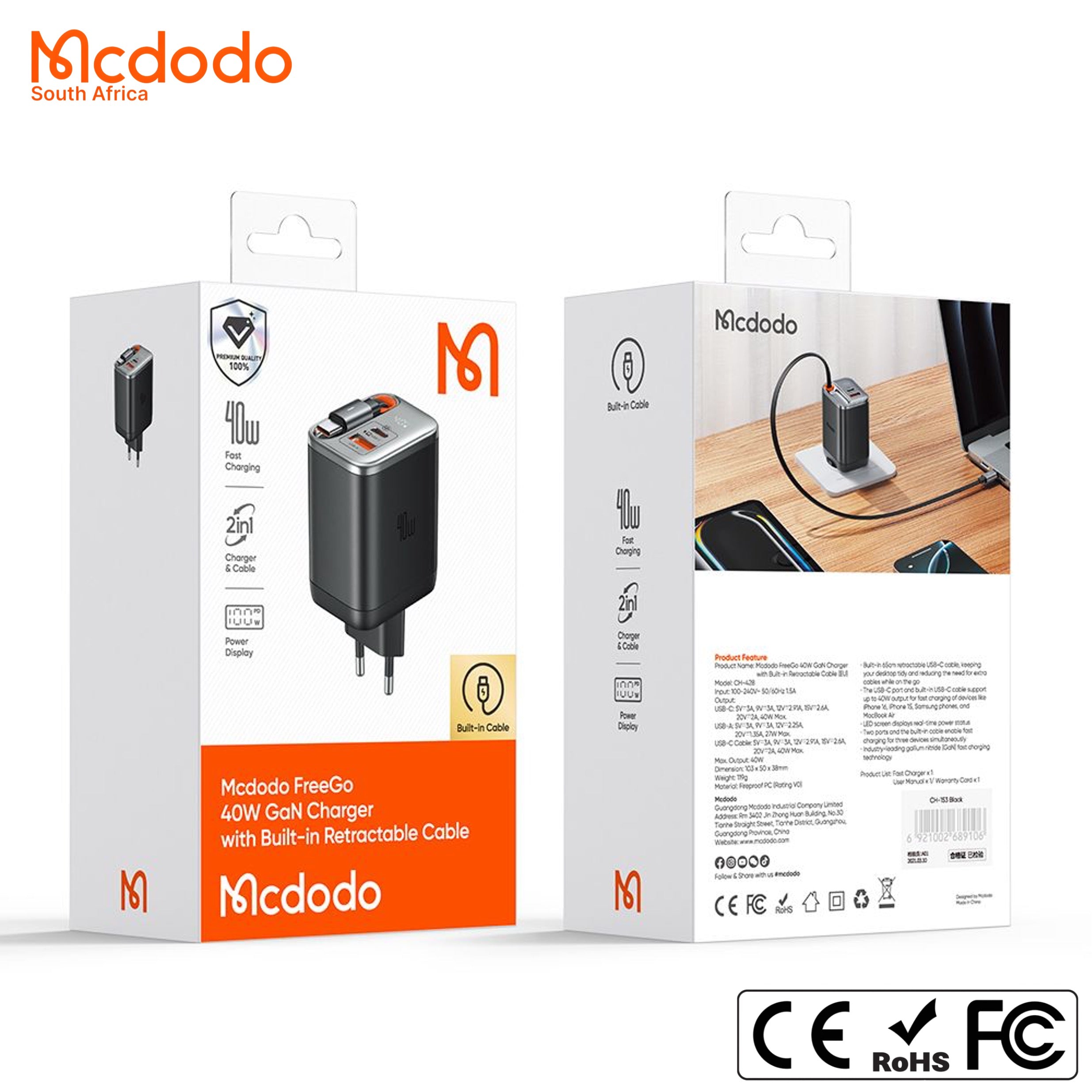Mcdodo 40w GaN Fast Charger Retractable USB-C Cable Digital Watt Display