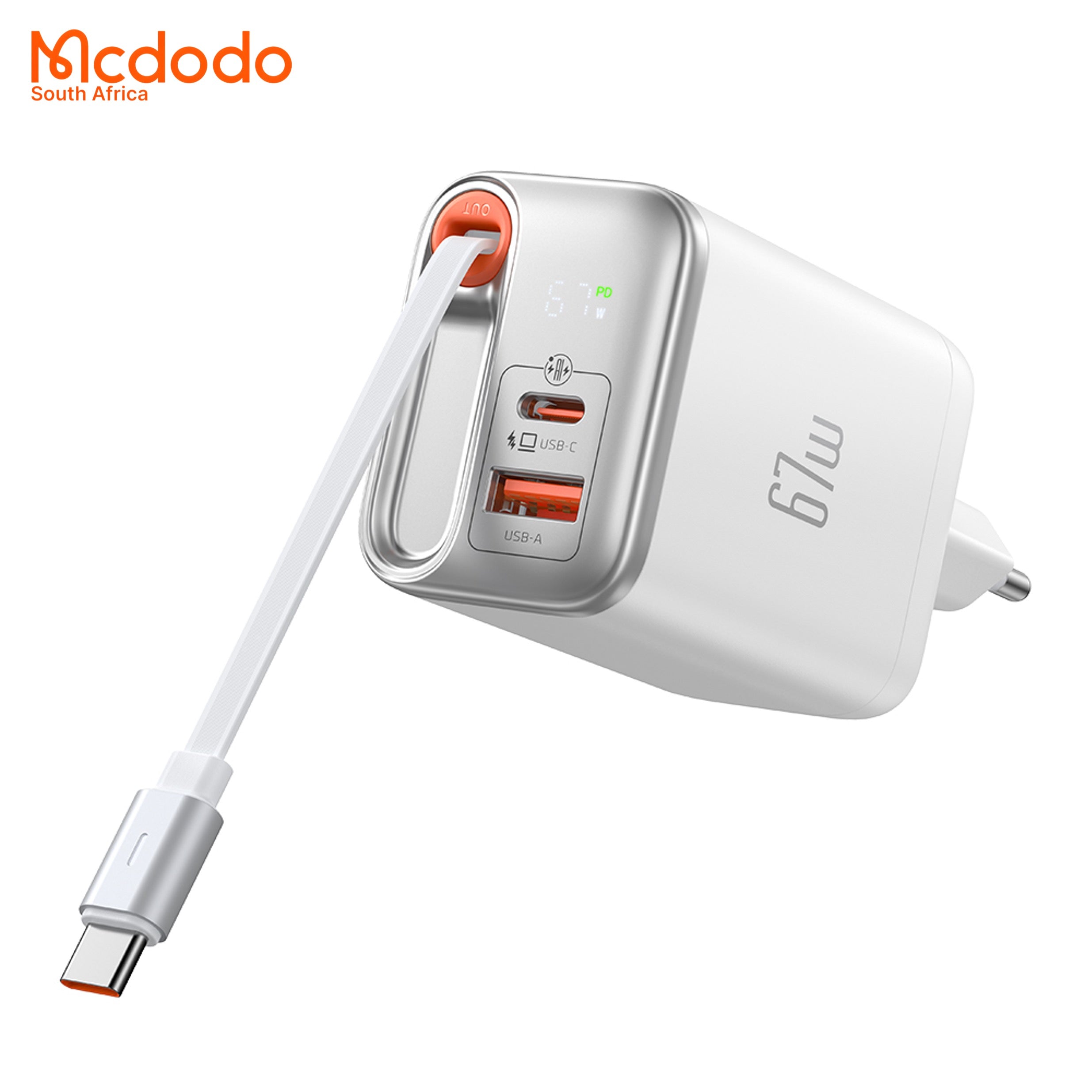 Mcdodo 67w GaN Fast Charger Retractable USB-C Cable Digital Watt Display