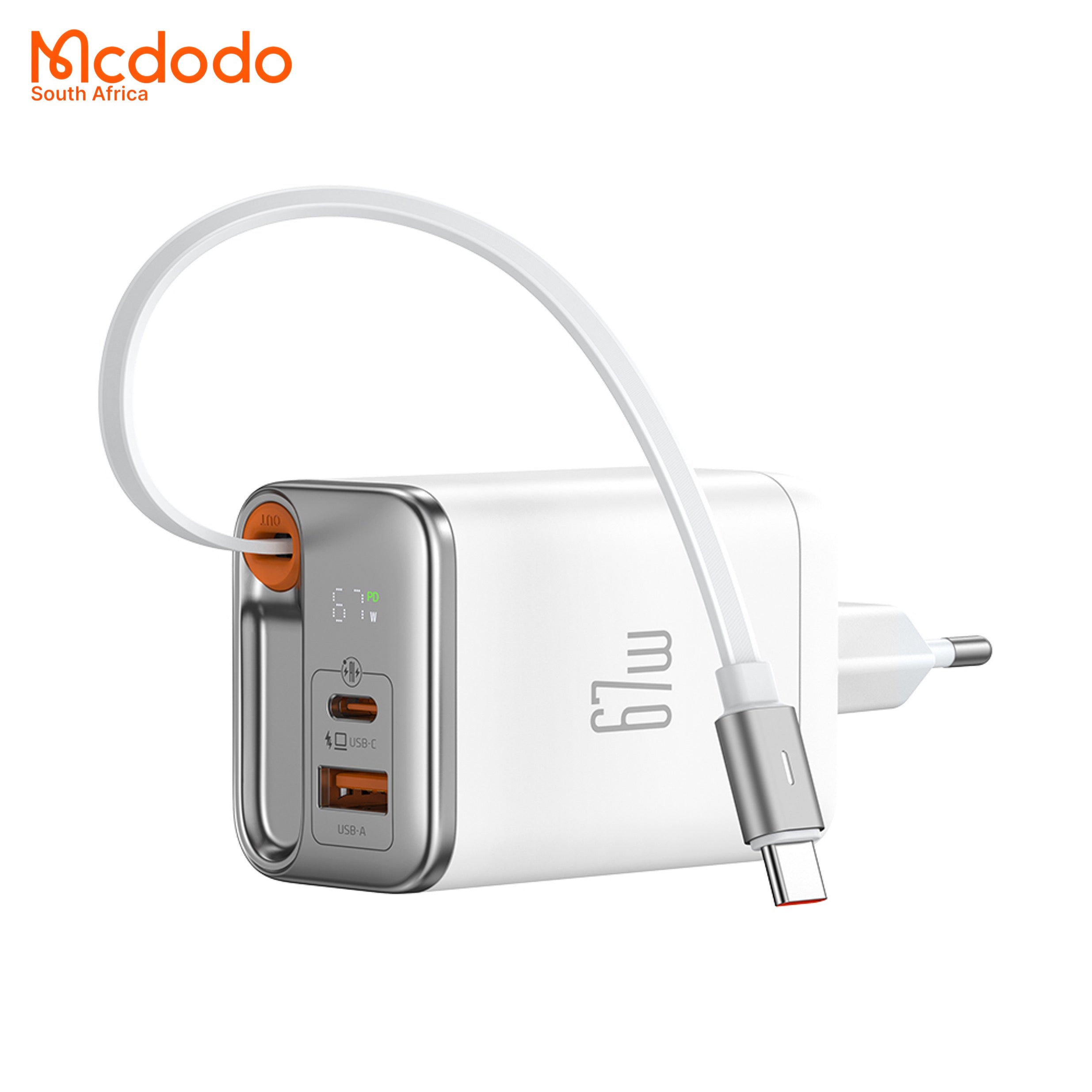 Mcdodo 67w GaN Fast Charger Retractable USB-C Cable Digital Watt Display
