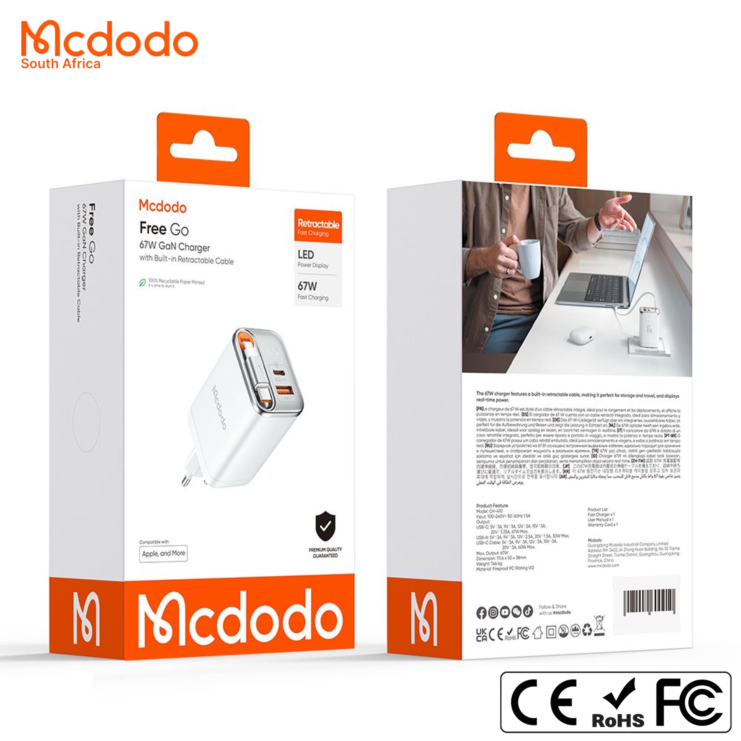 Mcdodo 67w GaN Fast Charger Retractable USB-C Cable Digital Watt Display