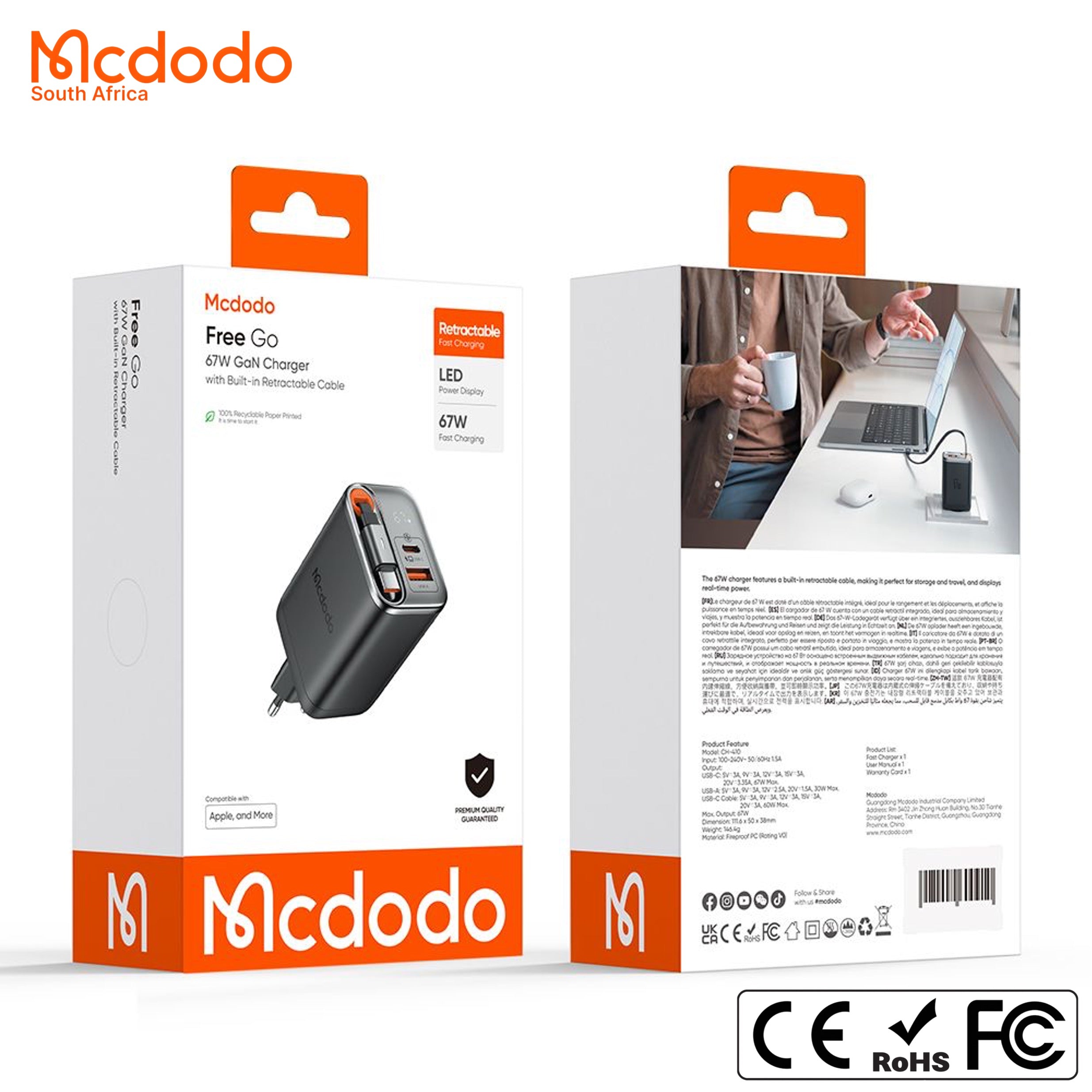 Mcdodo 67w GaN Fast Charger Retractable USB-C Cable Digital Watt Display