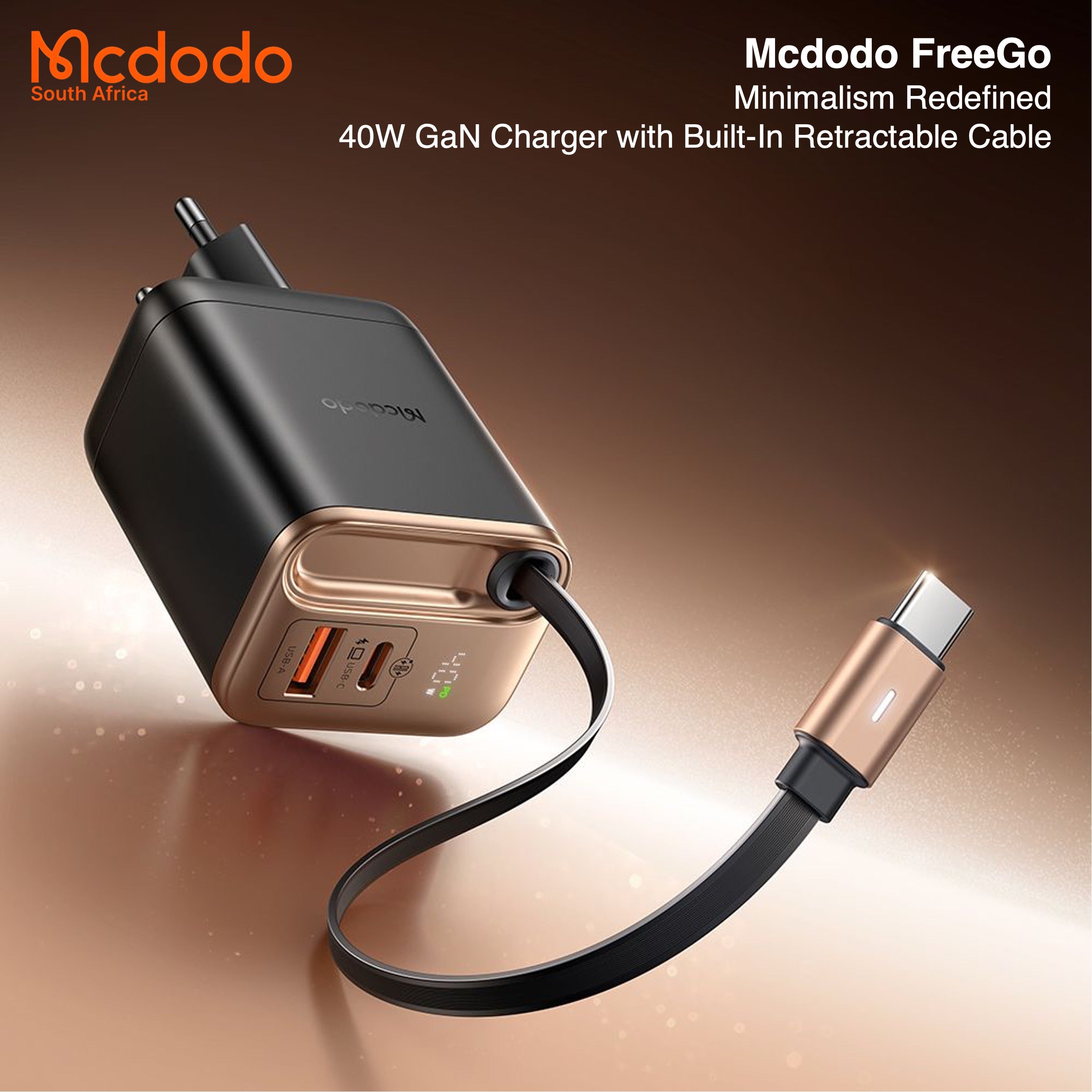 Mcdodo 40w GaN Fast Charger Retractable USB-C Cable Digital Watt Display