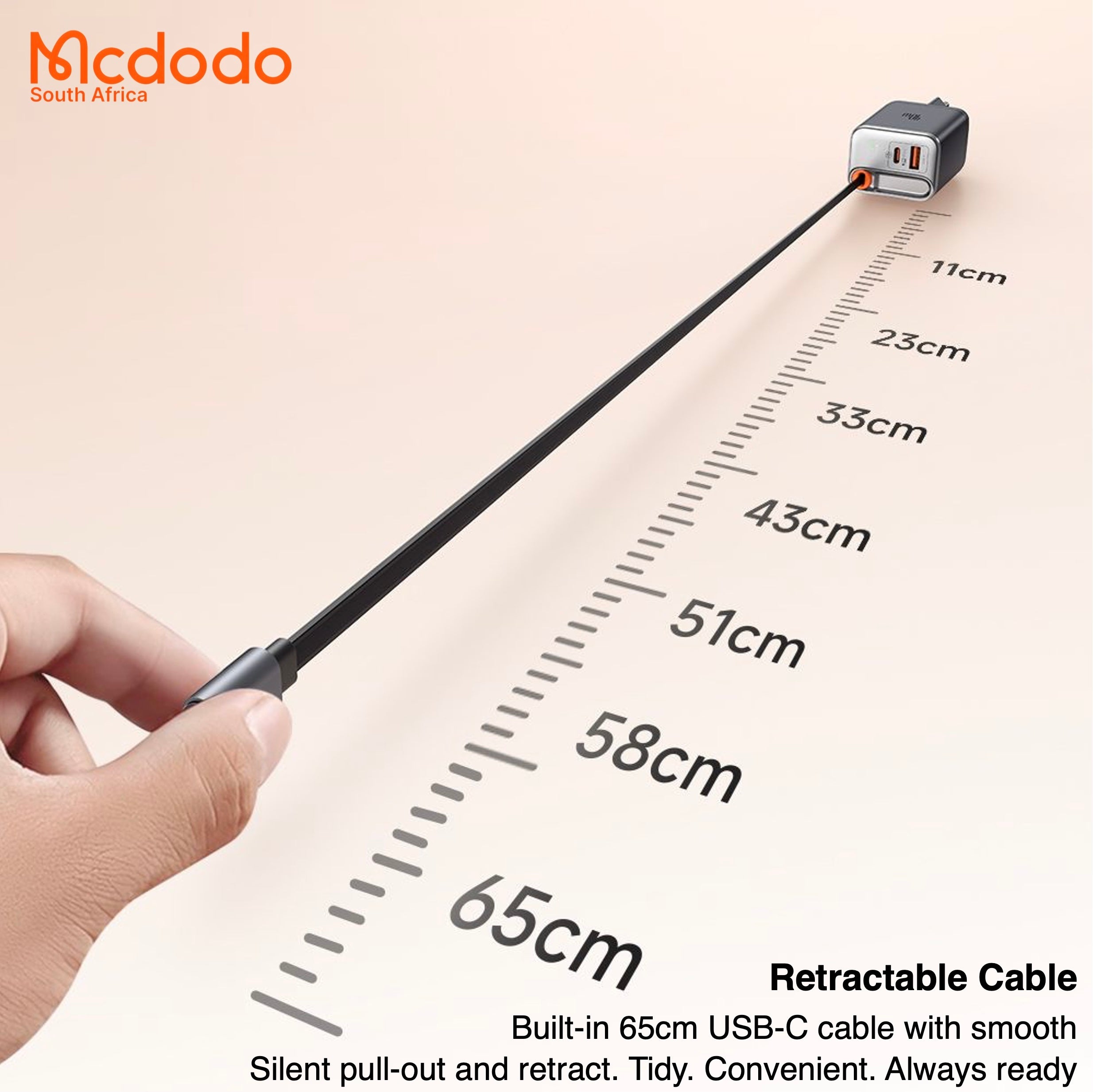 Mcdodo 67w GaN Fast Charger Retractable USB-C Cable Digital Watt Display