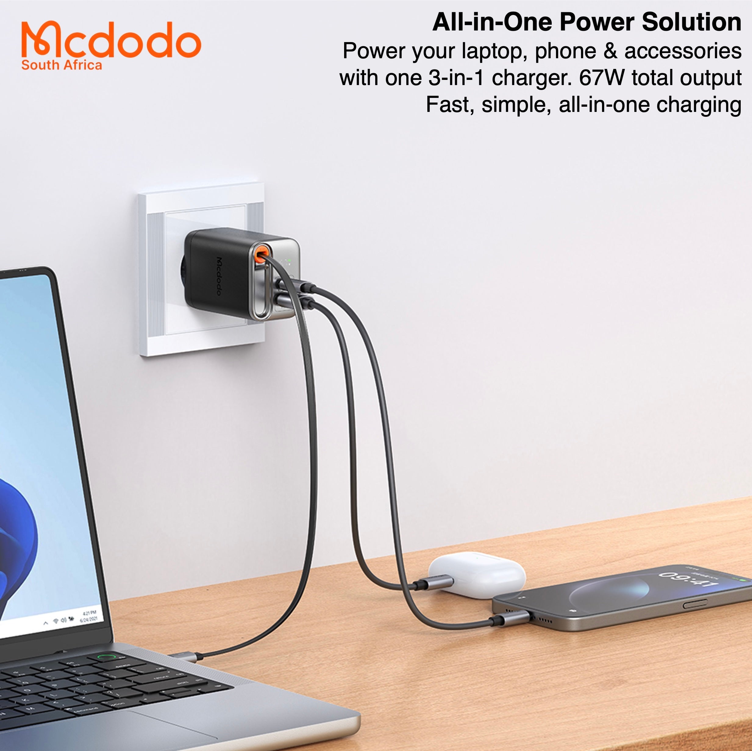 Mcdodo 67w GaN Fast Charger Retractable USB-C Cable Digital Watt Display