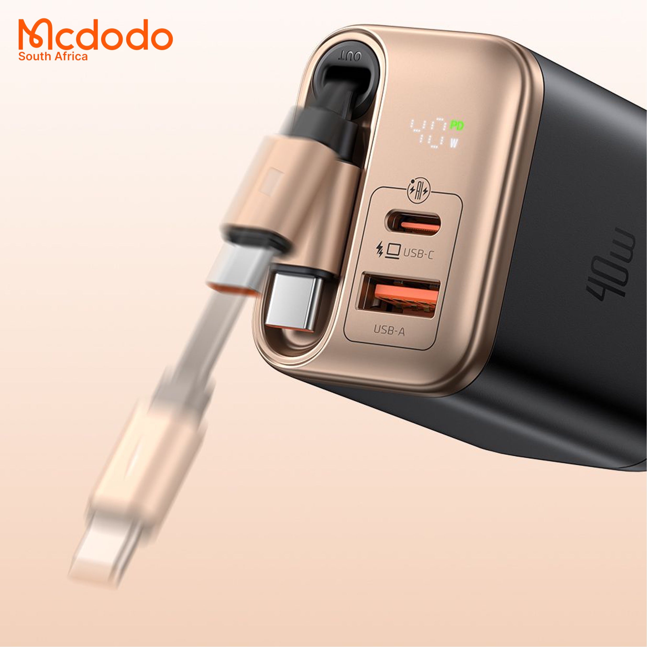 Mcdodo 40w GaN Fast Charger Retractable USB-C Cable Digital Watt Display