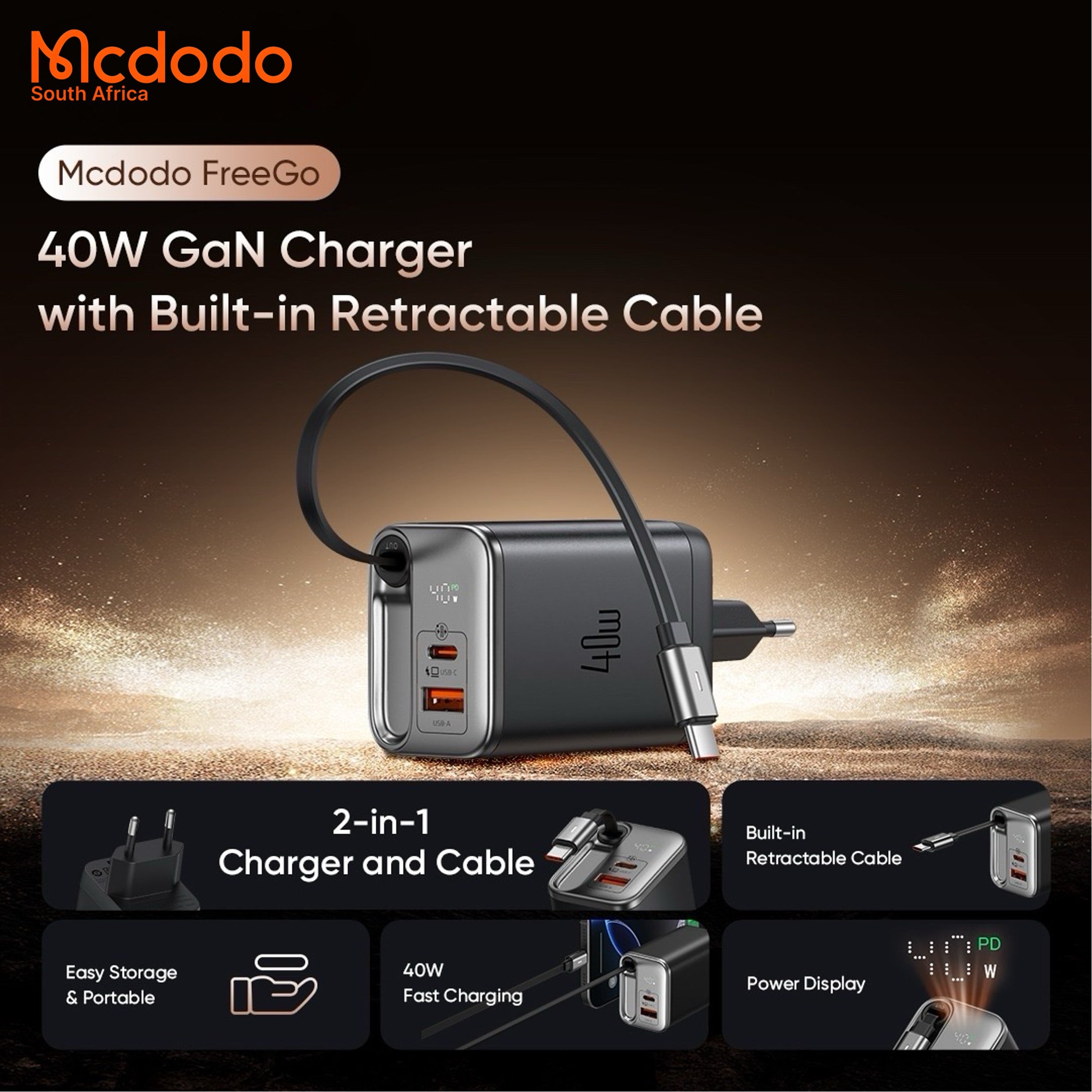 Mcdodo 40w GaN Fast Charger Retractable USB-C Cable Digital Watt Display