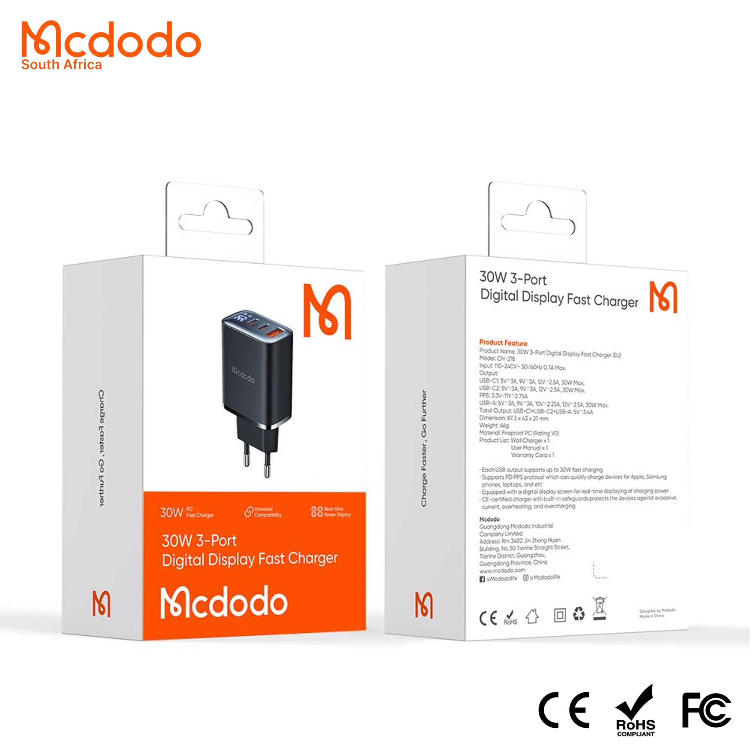 Mcdodo PD30W 3-Port Digital Display Fast Charger