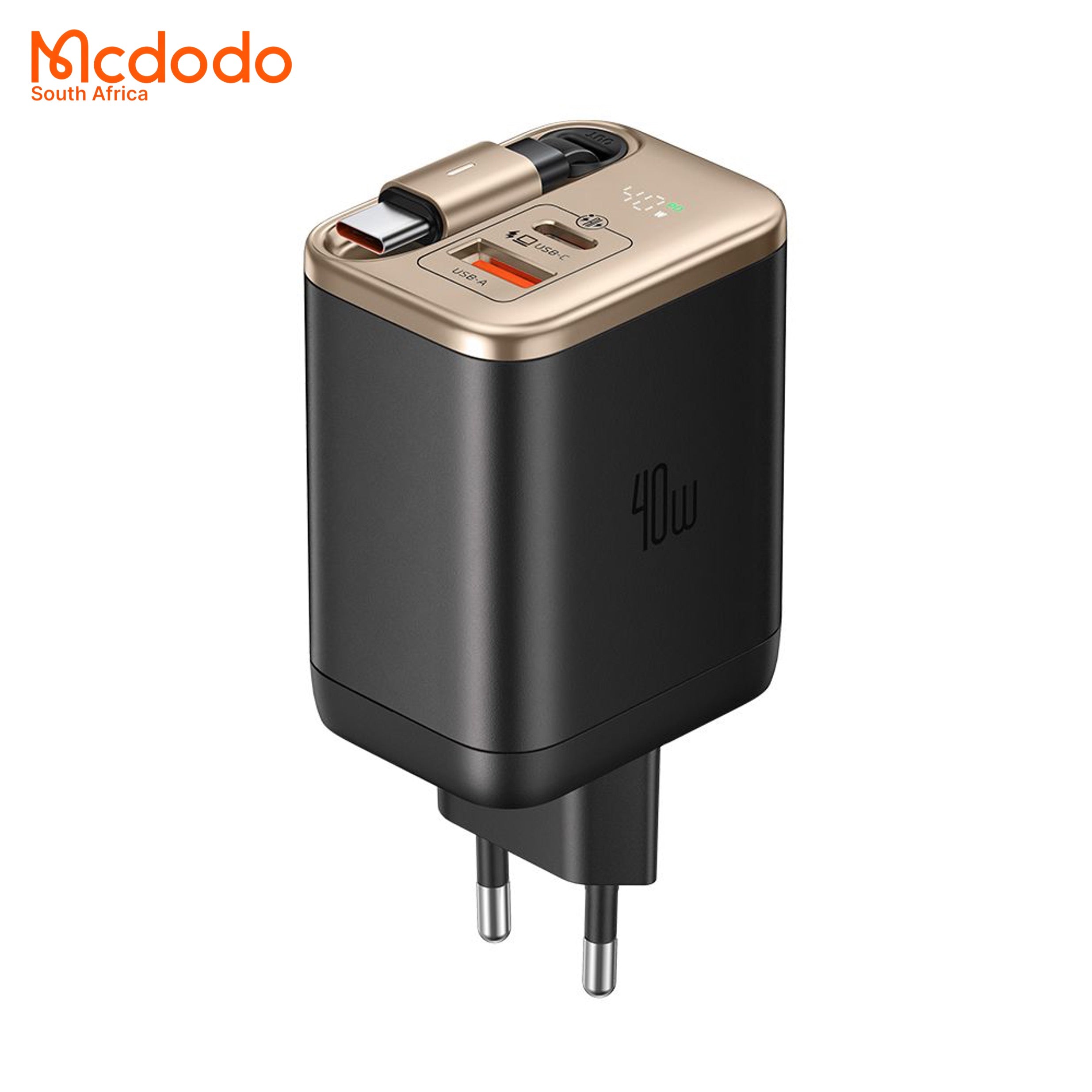 Mcdodo 40w GaN Fast Charger Retractable USB-C Cable Digital Watt Display