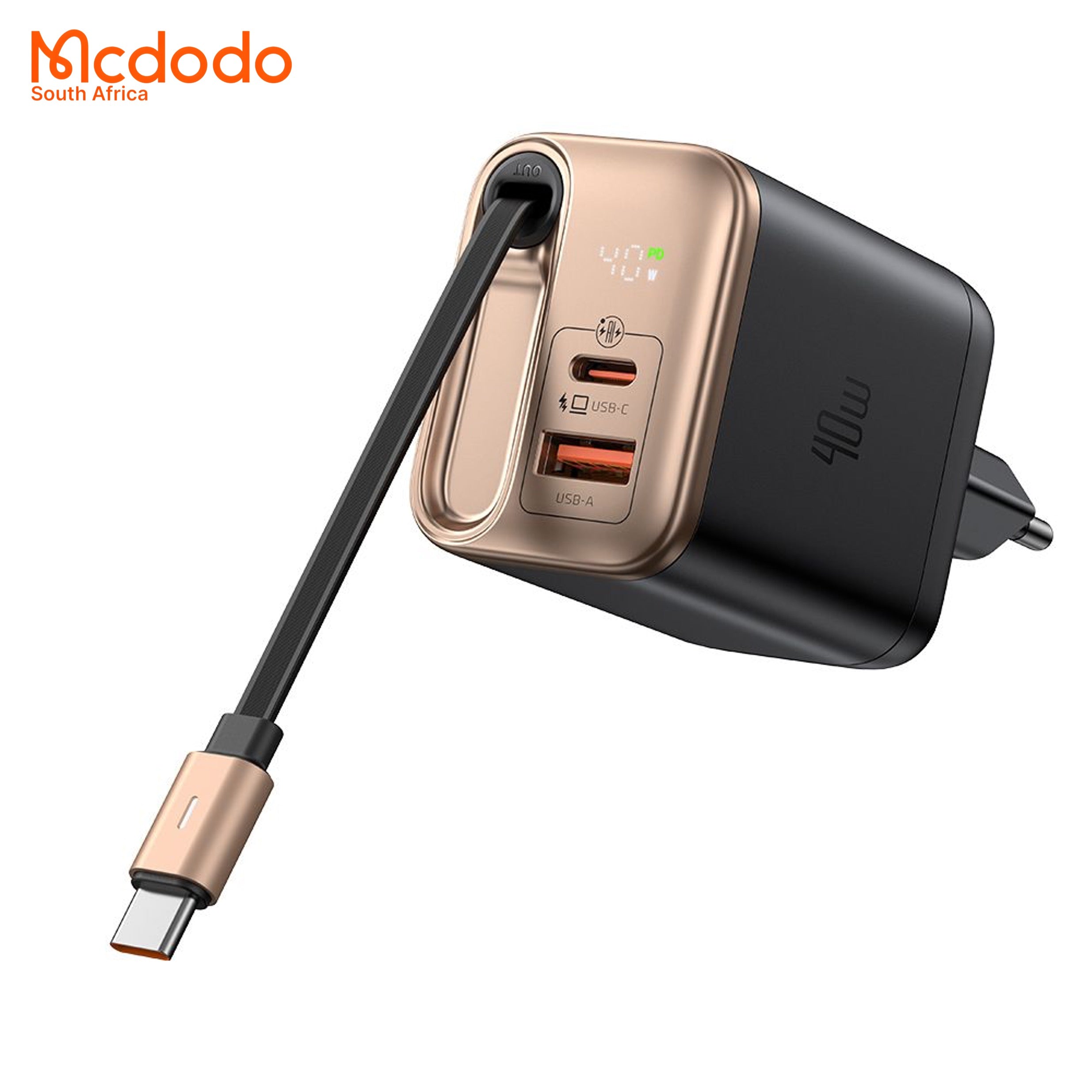 Mcdodo 40w GaN Fast Charger Retractable USB-C Cable Digital Watt Display