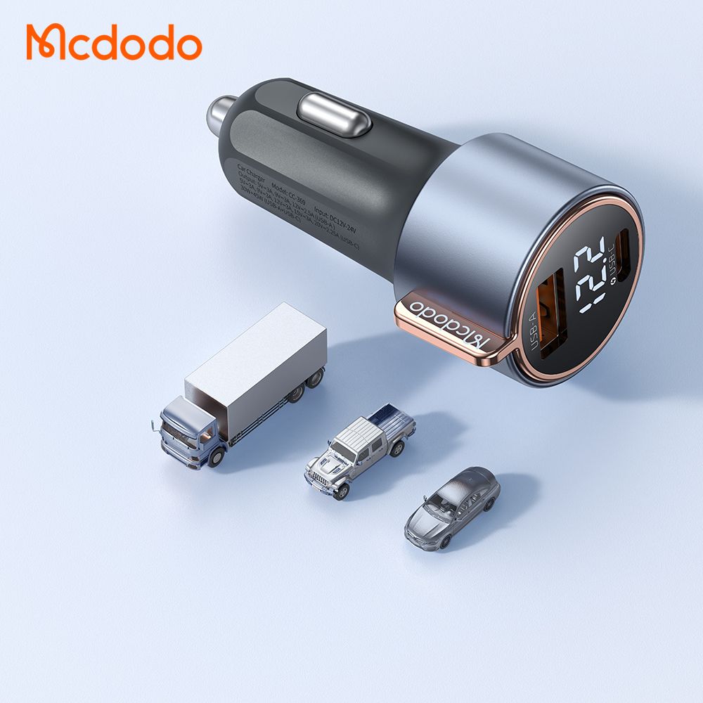 Mcdodo 75w Dual Port Car Charger USB-C (45w) USB-A (30w) + Voltage Display