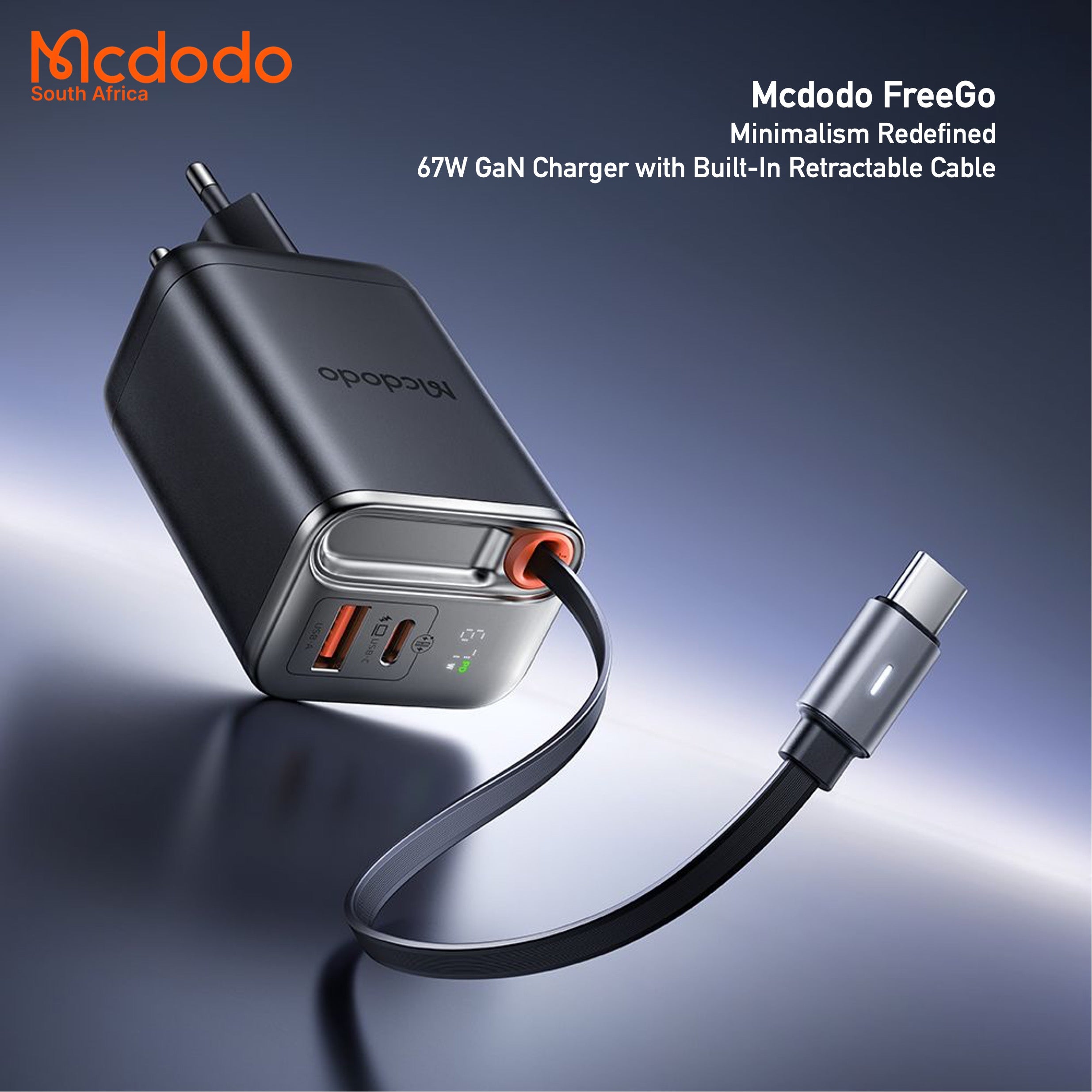 Mcdodo 67w GaN Fast Charger Retractable USB-C Cable Digital Watt Display