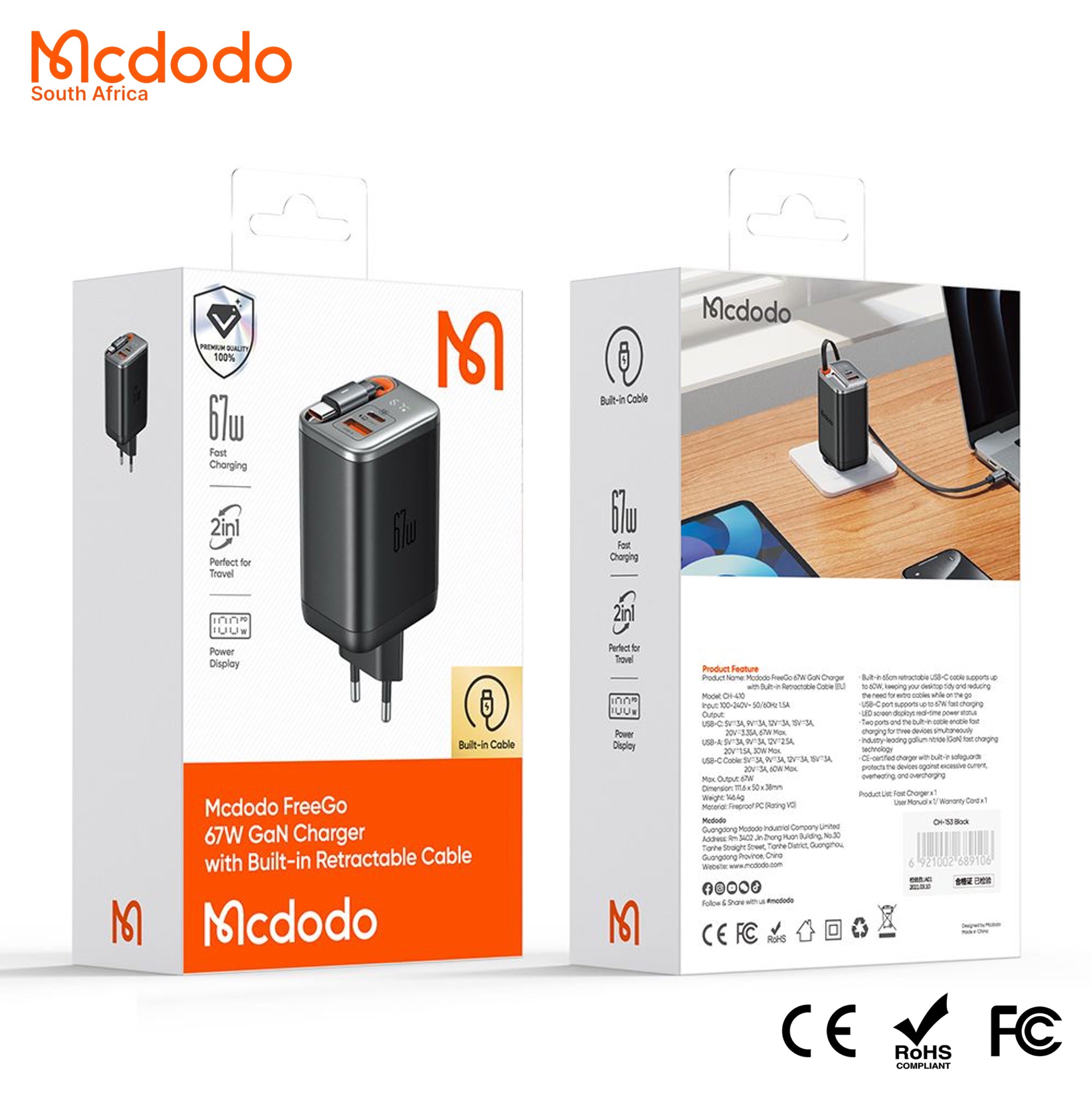 Mcdodo 67w GaN Fast Charger Retractable USB-C Cable Digital Watt Display