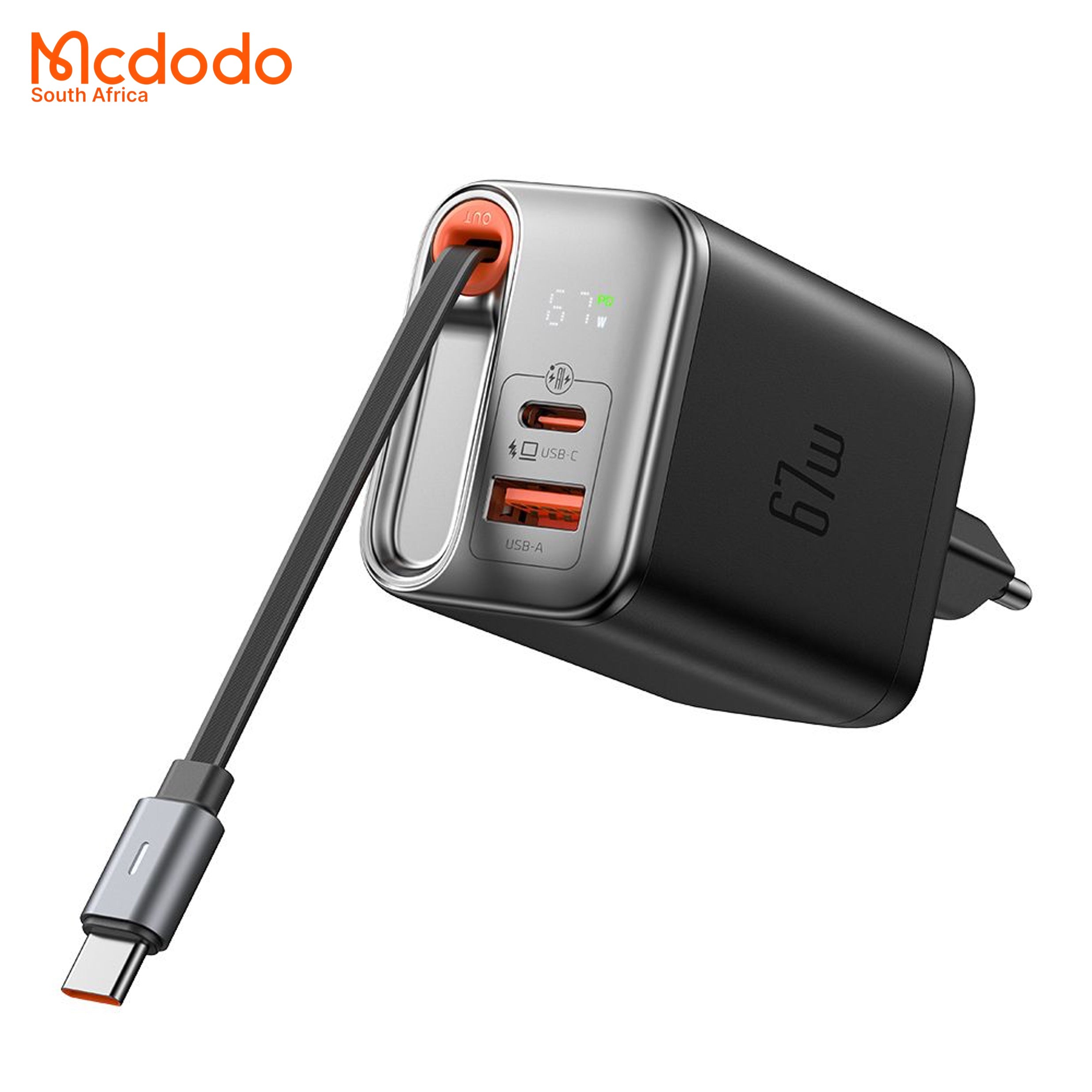Mcdodo 67w GaN Fast Charger Retractable USB-C Cable Digital Watt Display