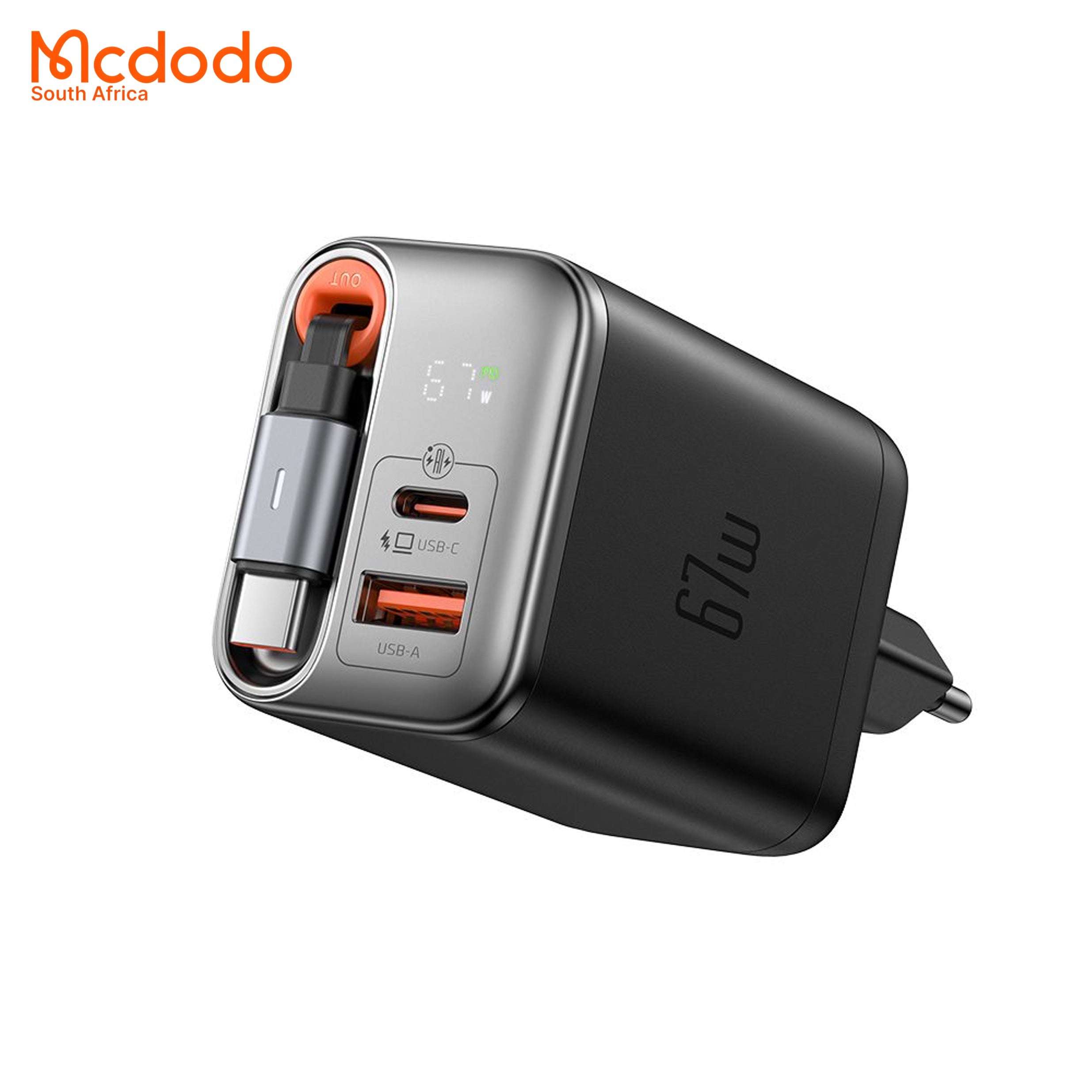 Mcdodo 67w GaN Fast Charger Retractable USB-C Cable Digital Watt Display