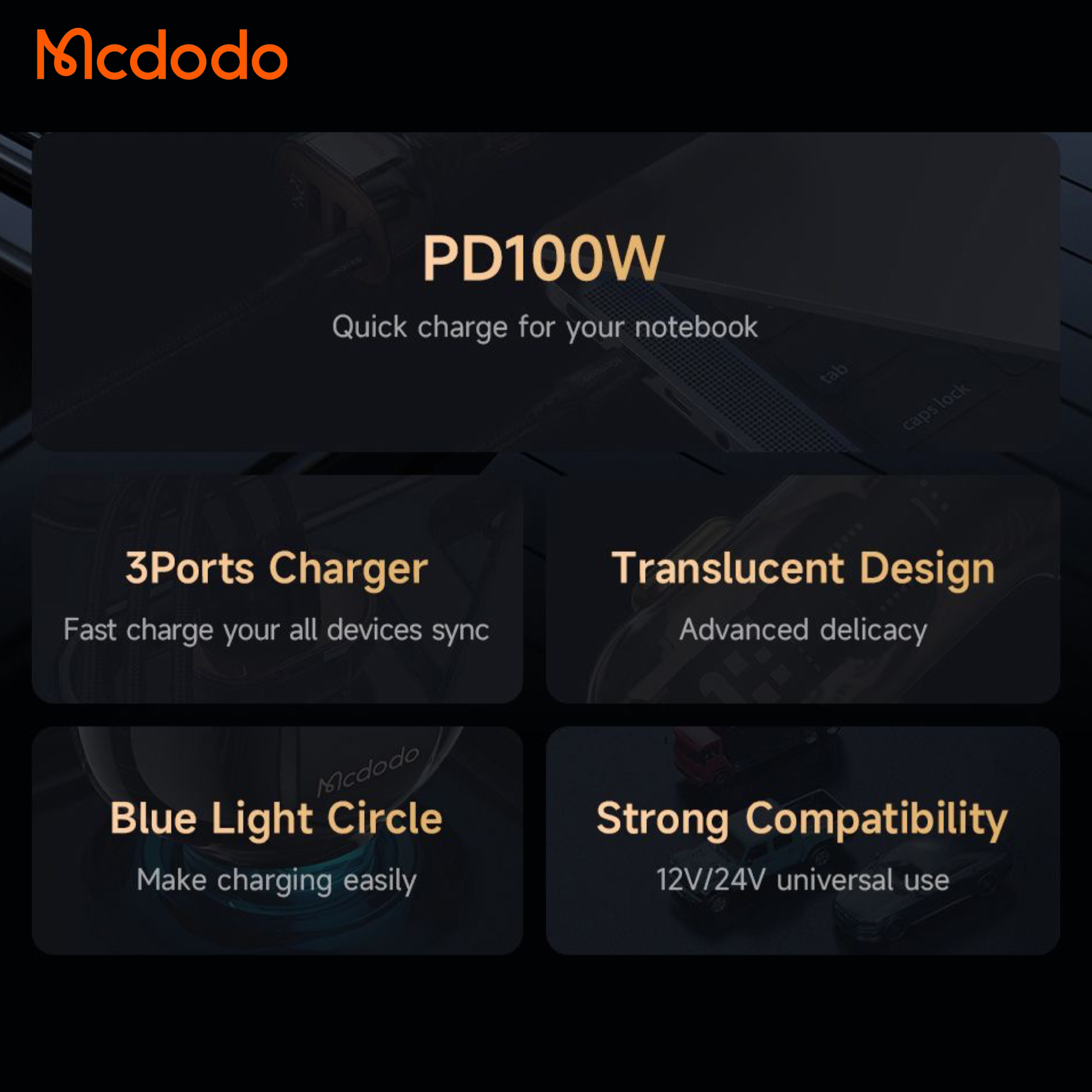Mcdodo 100w 3 Port Fast Car Charger , USB-C x 1 : USB-A x 2