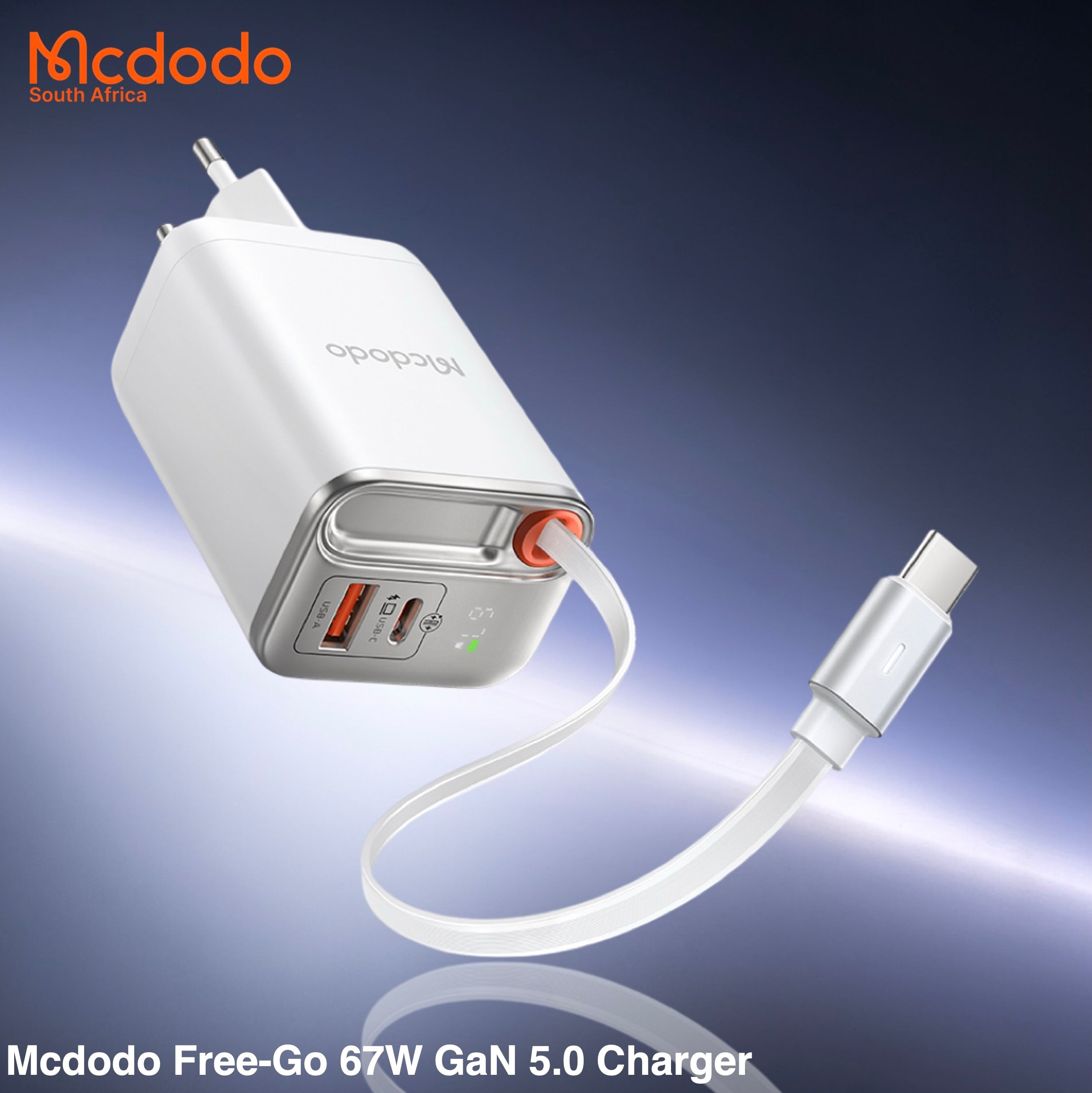 Mcdodo 67w GaN Fast Charger Retractable USB-C Cable Digital Watt Display