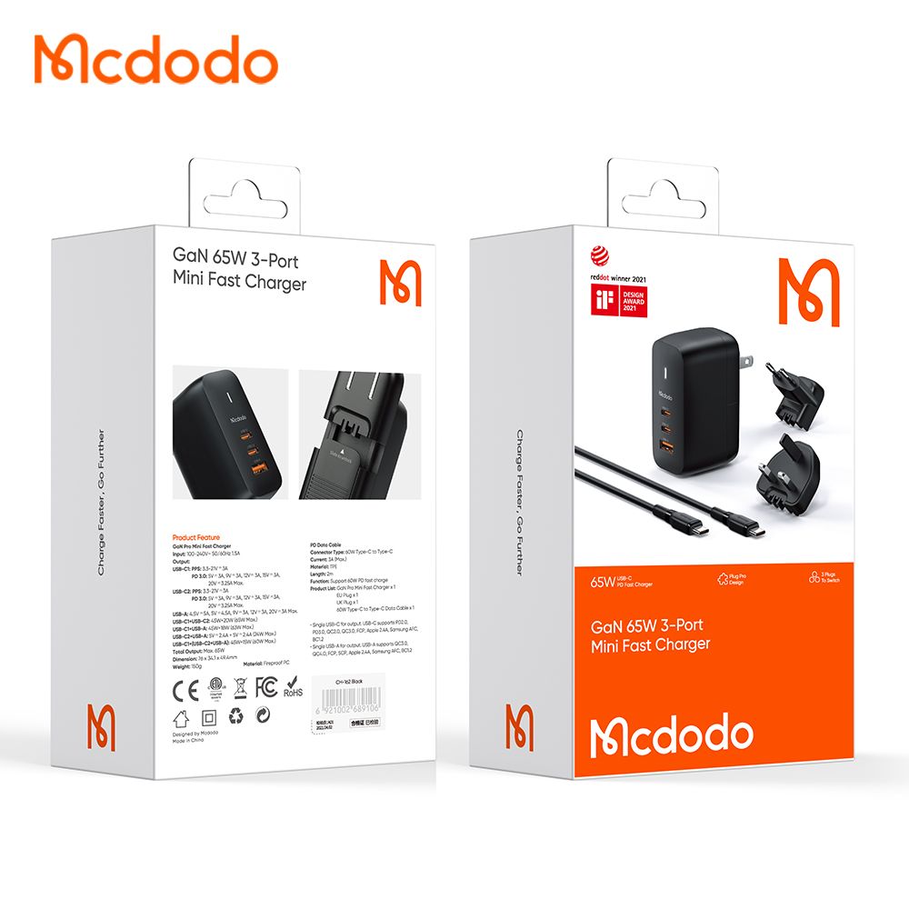 Mcdodo 65w Fast Travel Charger Tri Port + 2m USB C/C 60w Cable